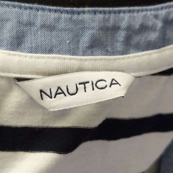 Nautica 95% cotton sleeveless navy blue & white striped v-neck shirt S - Picture 5 of 7